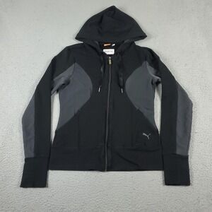 Puma Sweater Womens Small Gray Black Full Zip Up Hoodie Sweatshirt Ladies